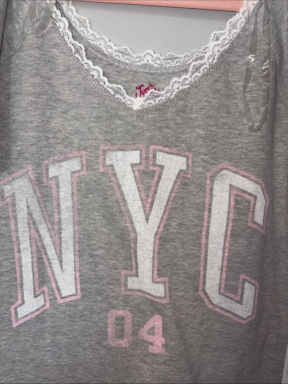 Justice Gray Tee with Pink Lettering and Hot Pink Tag Ribbon